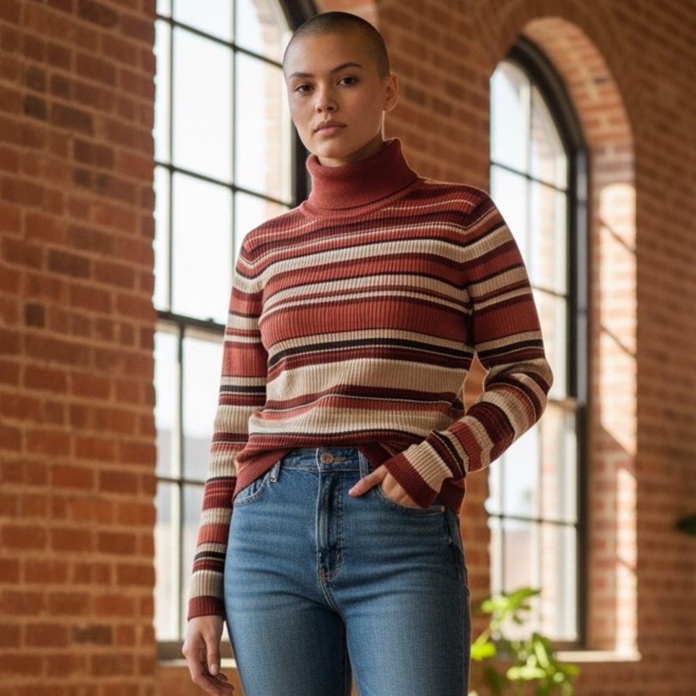 Vintage‎ Urban Outfitters Style Women Rust Ribbed Cotton Turtleneck Sz S 90s Y2K